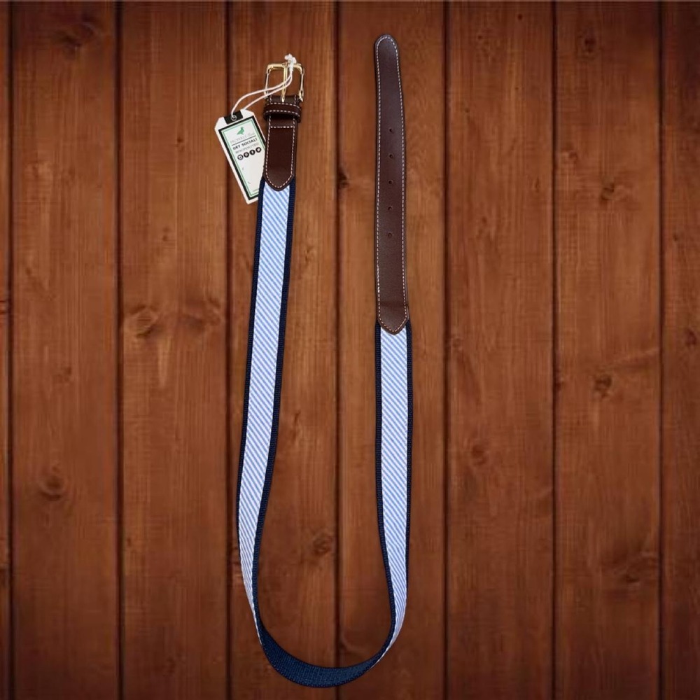 Properly Tied Blue Seersucker Stripe Belt Brown Leather Trim 48"
